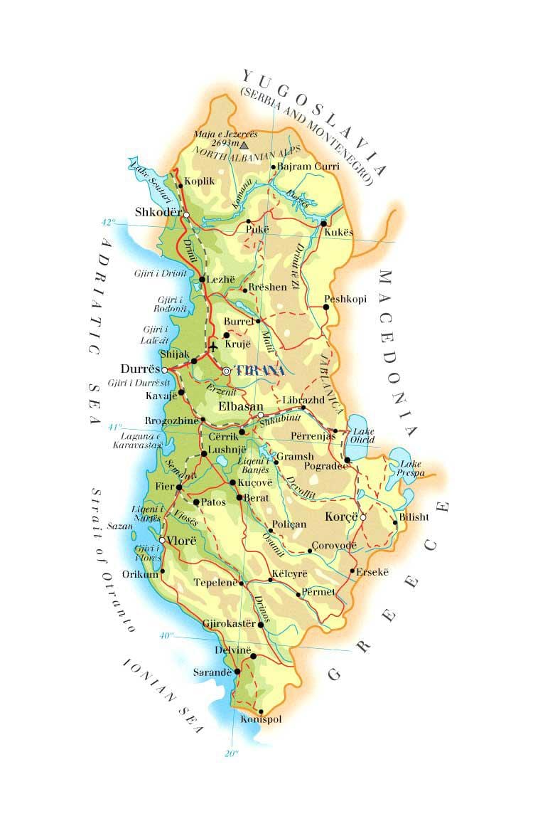 karta över fysiska karta över Albanien